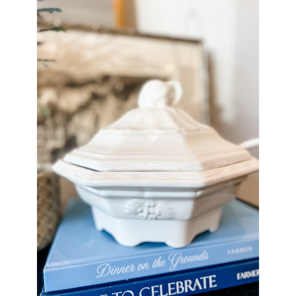 California Pottery Soup Tureen & Lazy Susan Set – 8-Piece White Ceramic MCM‎